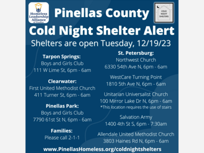 Pinellas County Cold Night Shelters Will Open Tuesday, December 19th